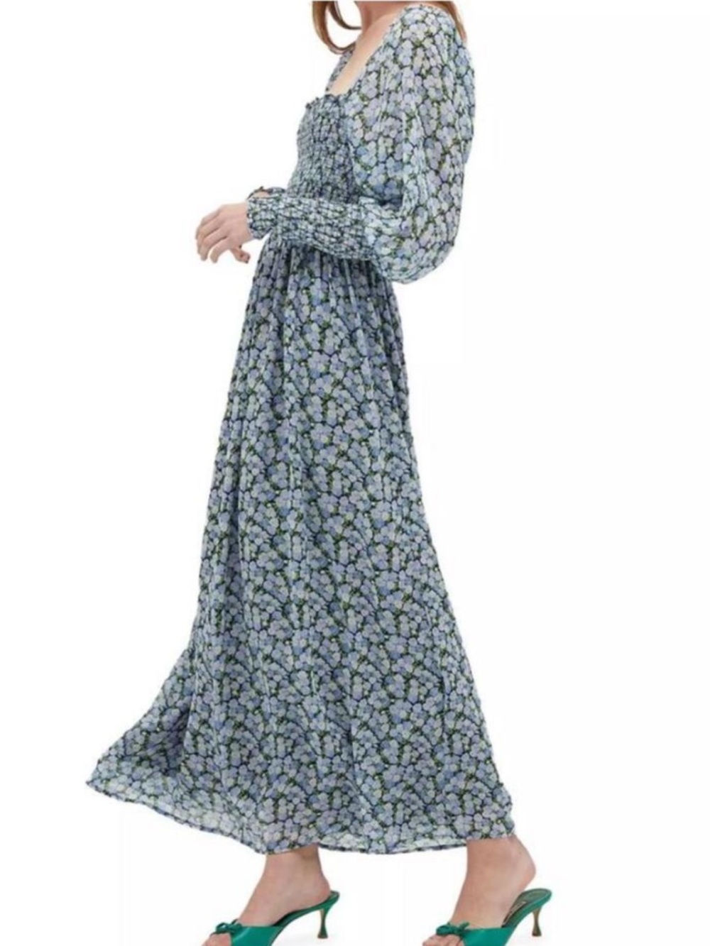 HILL HOUSE Grace nap dress blue pansy floral long sleeve maxi dress sz L